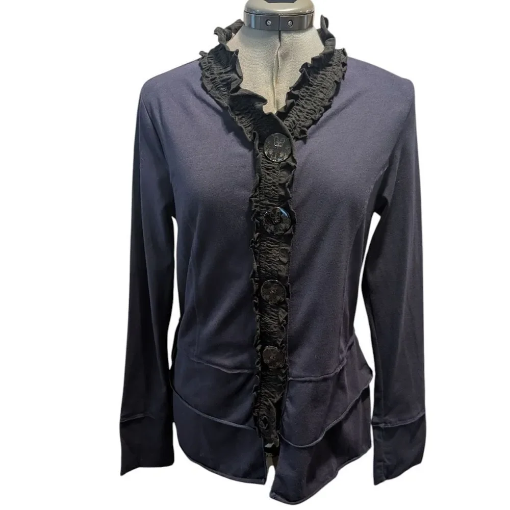 NEON BUDDHA WomeBlue Black Stretch Cotton Jacket Cardigan XS Button Front Ruffle